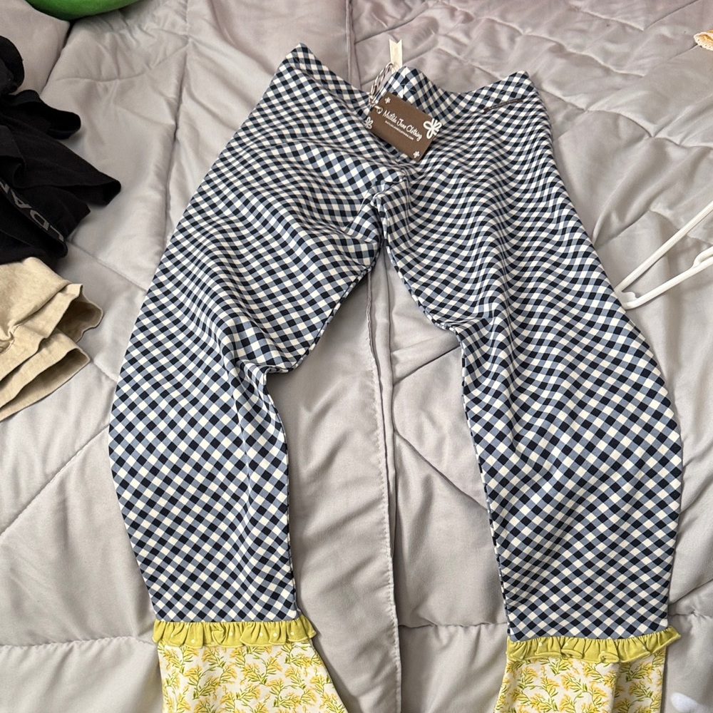 Matilda Jane Blue Checkered Leggings with Yellow Trim